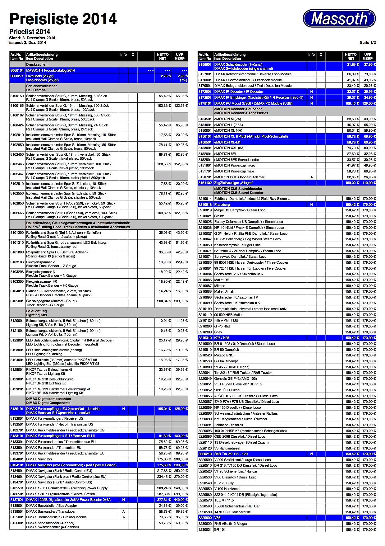 Massoth Preisliste (Price list) 2014