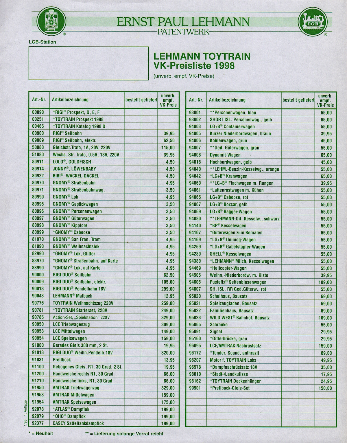 Lehmann Preisliste (Price list) 1998 (Toy Train))