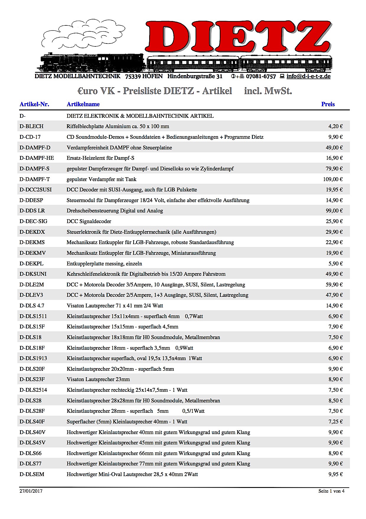 Dietz Preisliste (Price list) 2017